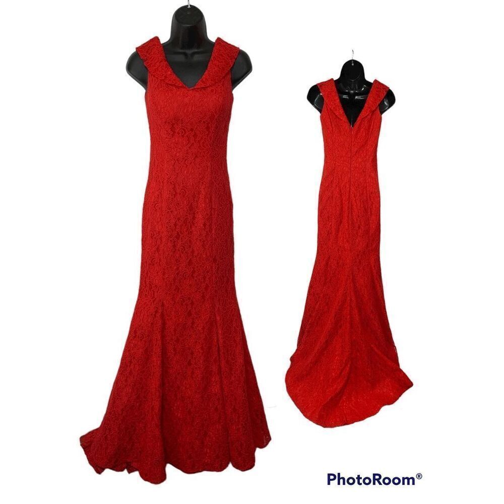 Mikael Aghal Red Full Length Lace Overlay Maxi Dress
